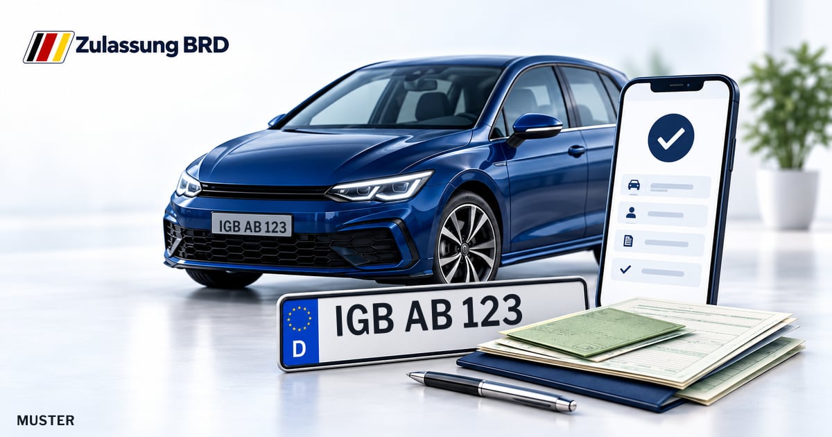 Online Fahrzeugzulassung in St. Ingbert: Musterkennzeichen IGB AB 123, Auto und Fahrzeugpapiere und Smartphone. Illustration mit Logo von Zulassung BRD.